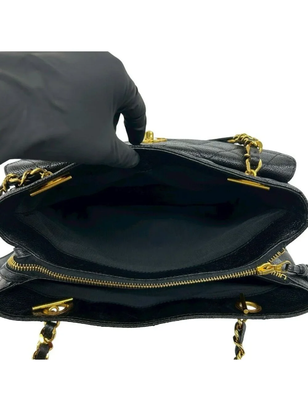 Chanel Vintage Quilted CC Logo Caviar Leather Shoulder Bag Tote Black